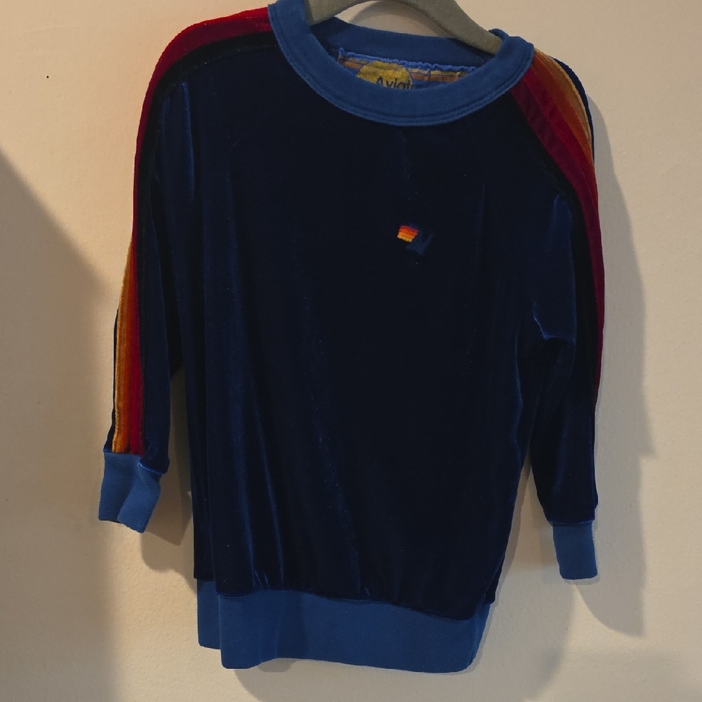 Aviator Nation Blue Sweatshirt with Rainbow Stripes Size 4 T Velour Velvet Kids